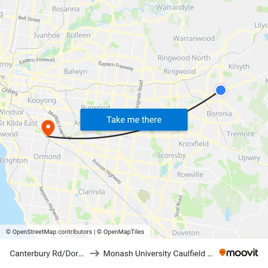 Canterbury Rd/Dorset Rd to Monash University Caulfield Campus map