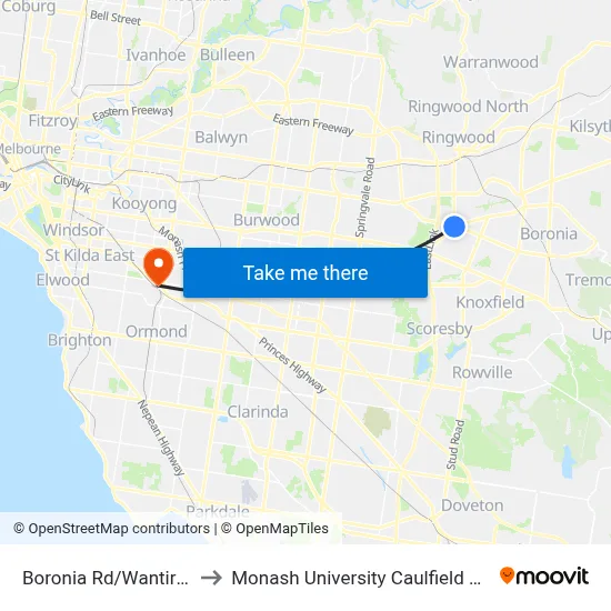 Boronia Rd/Wantirna Rd to Monash University Caulfield Campus map