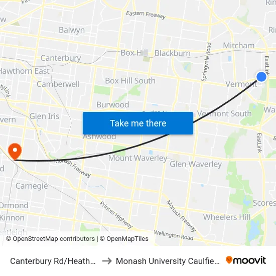 Canterbury Rd/Heatherdale Rd to Monash University Caulfield Campus map