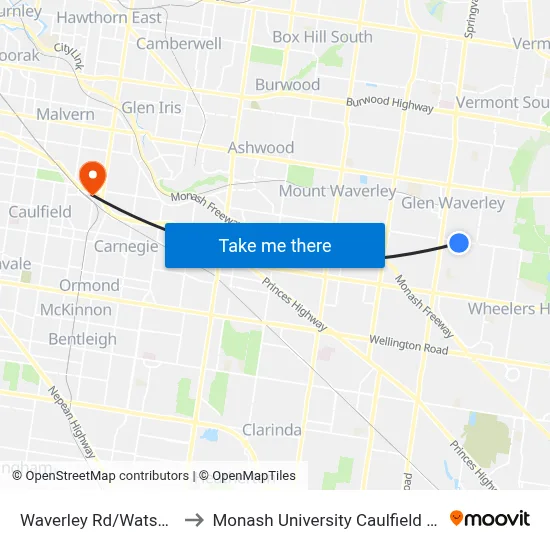 Waverley Rd/Watsons Rd to Monash University Caulfield Campus map
