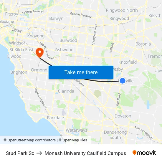 Stud Park Sc to Monash University Caulfield Campus map