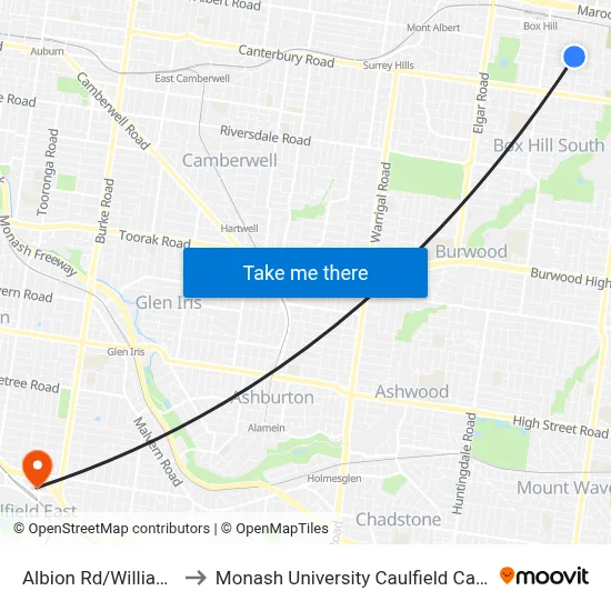 Albion Rd/William St to Monash University Caulfield Campus map