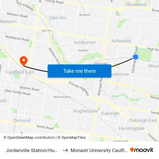 Jordanville Station/Huntingdale Rd to Monash University Caulfield Campus map
