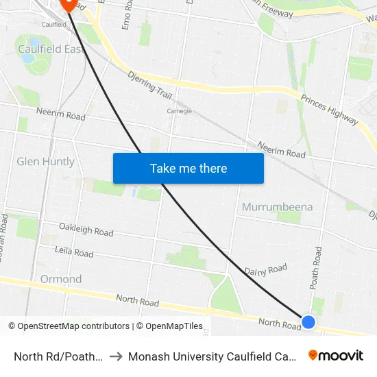 North Rd/Poath Rd to Monash University Caulfield Campus map