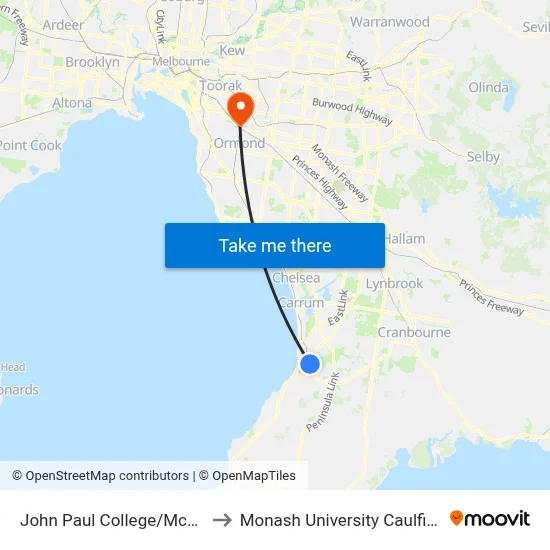 John Paul College/Mcmahons Rd to Monash University Caulfield Campus map