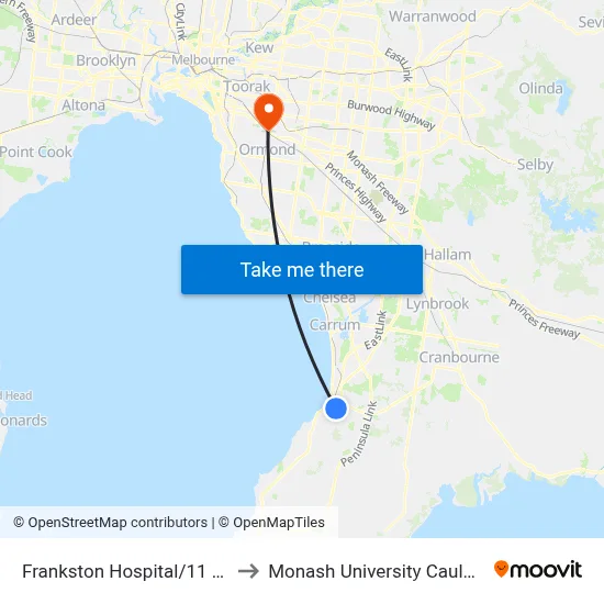 Frankston Hospital/11 Hastings Rd to Monash University Caulfield Campus map