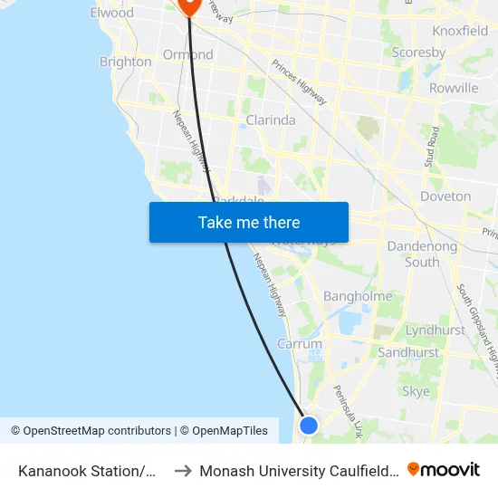 Kananook Station/Wells Rd to Monash University Caulfield Campus map