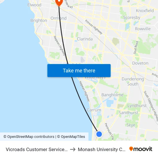 Vicroads Customer Service Center/Hartnett Dr to Monash University Caulfield Campus map