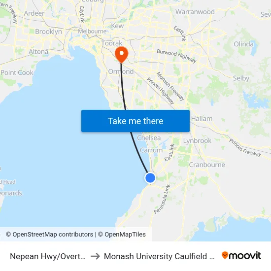 Nepean Hwy/Overton Rd to Monash University Caulfield Campus map