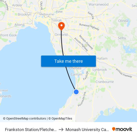 Frankston Station/Fletcher Rd (Frankston) to Monash University Caulfield Campus map