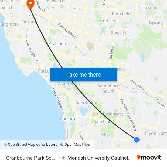 Cranbourne Park Sc/Lyall St to Monash University Caulfield Campus map