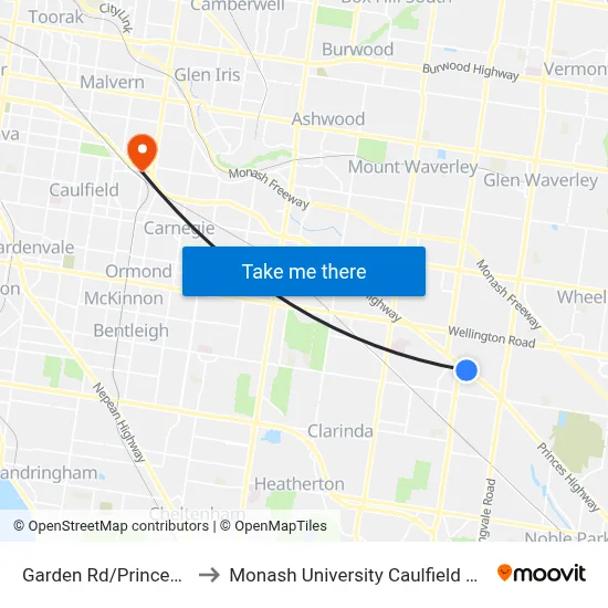 Garden Rd/Princes Hwy to Monash University Caulfield Campus map