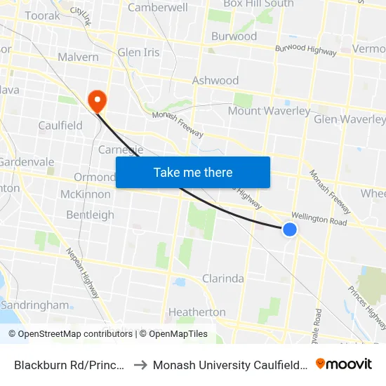 Blackburn Rd/Princes Hwy to Monash University Caulfield Campus map
