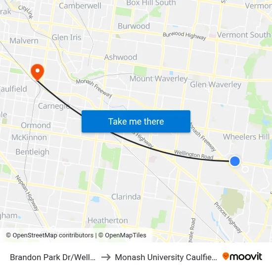Brandon Park Dr/Wellington Rd to Monash University Caulfield Campus map