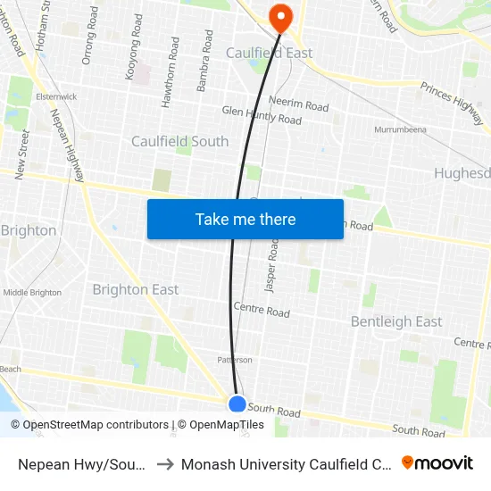 Nepean Hwy/South Rd to Monash University Caulfield Campus map