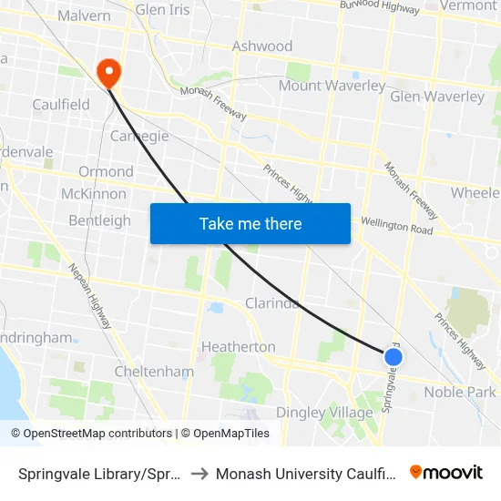 Springvale Library/Springvale Rd to Monash University Caulfield Campus map