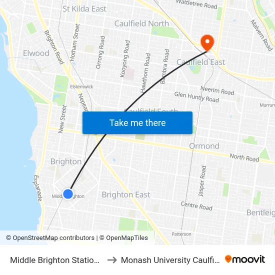 Middle Brighton Station/Church St to Monash University Caulfield Campus map