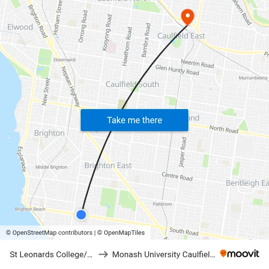 St Leonards College/South Rd to Monash University Caulfield Campus map