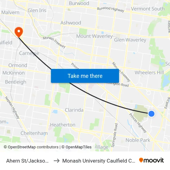 Ahern St/Jacksons Rd to Monash University Caulfield Campus map