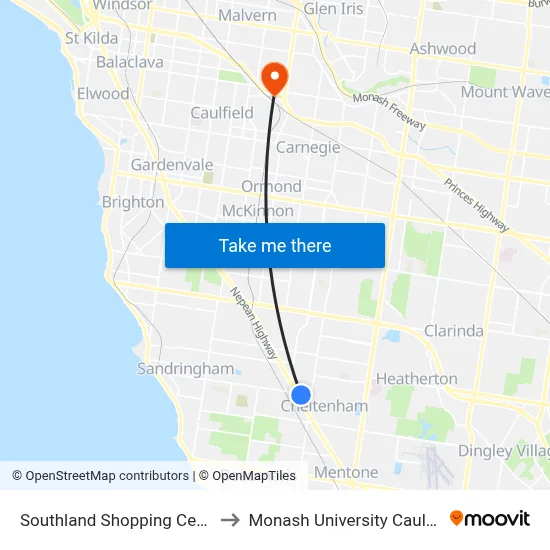 Southland Shopping Centre/Karen St to Monash University Caulfield Campus map