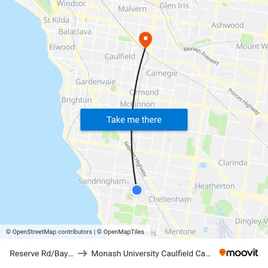 Reserve Rd/Bay Rd to Monash University Caulfield Campus map