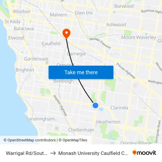 Warrigal Rd/South Rd to Monash University Caulfield Campus map