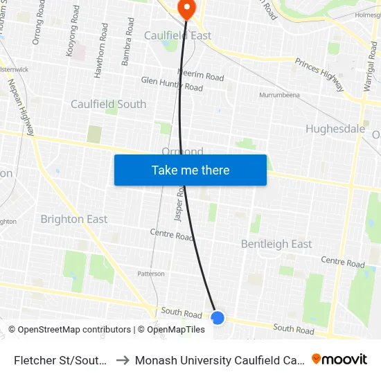 Fletcher St/South Rd to Monash University Caulfield Campus map
