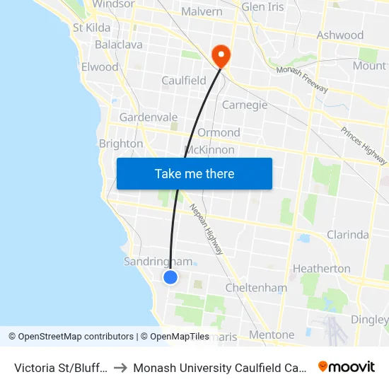 Victoria St/Bluff Rd to Monash University Caulfield Campus map