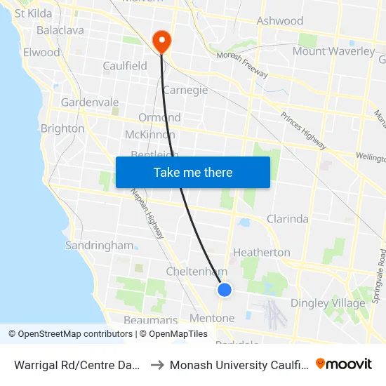Warrigal Rd/Centre Dandenong Rd to Monash University Caulfield Campus map