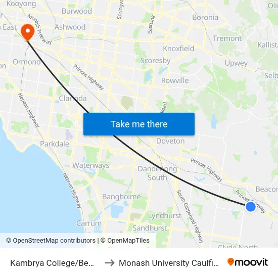 Kambrya College/Bemersyde Dr to Monash University Caulfield Campus map