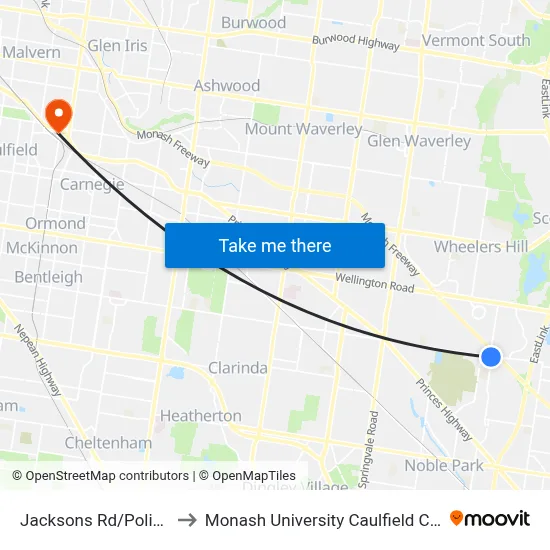 Jacksons Rd/Police Rd to Monash University Caulfield Campus map