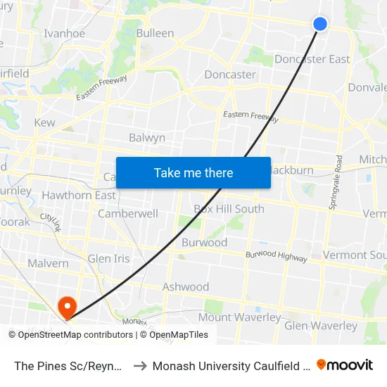 The Pines Sc/Reynolds Rd to Monash University Caulfield Campus map