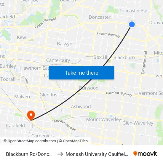 Blackburn Rd/Doncaster Rd to Monash University Caulfield Campus map