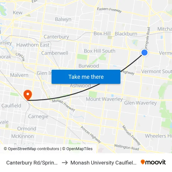 Canterbury Rd/Springvale Rd to Monash University Caulfield Campus map