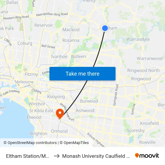 Eltham Station/Main Rd to Monash University Caulfield Campus map