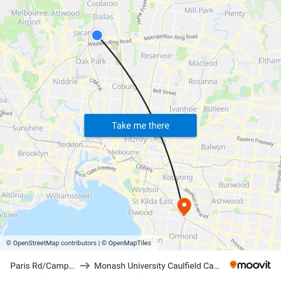 Paris Rd/Camp Rd to Monash University Caulfield Campus map