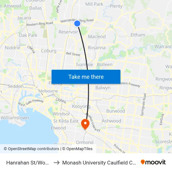 Hanrahan St/Wood St to Monash University Caulfield Campus map