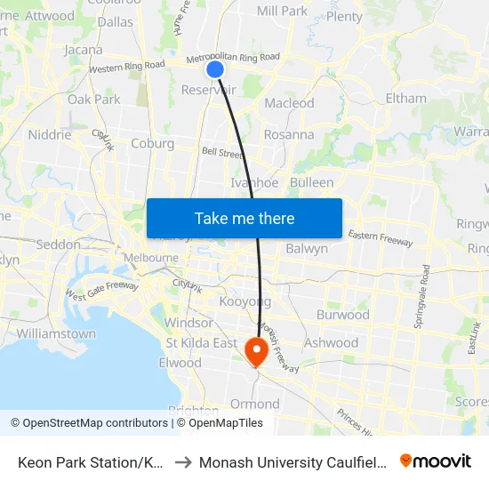Keon Park Station/Keon Pde to Monash University Caulfield Campus map