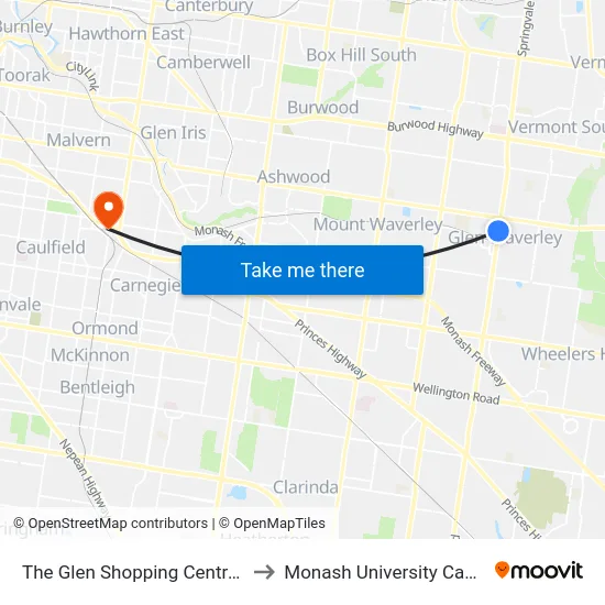 The Glen Shopping Centre/Springvale Rd to Monash University Caulfield Campus map