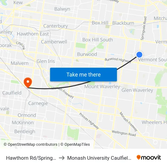 Hawthorn Rd/Springvale Rd to Monash University Caulfield Campus map