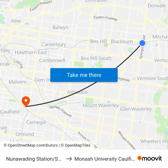 Nunawading Station/Springvale Rd to Monash University Caulfield Campus map