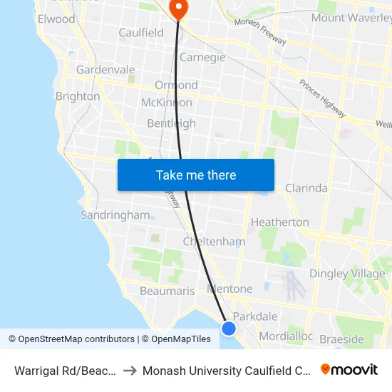 Warrigal Rd/Beach Rd to Monash University Caulfield Campus map