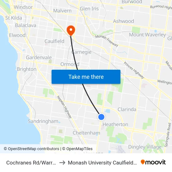 Cochranes Rd/Warrigal Rd to Monash University Caulfield Campus map
