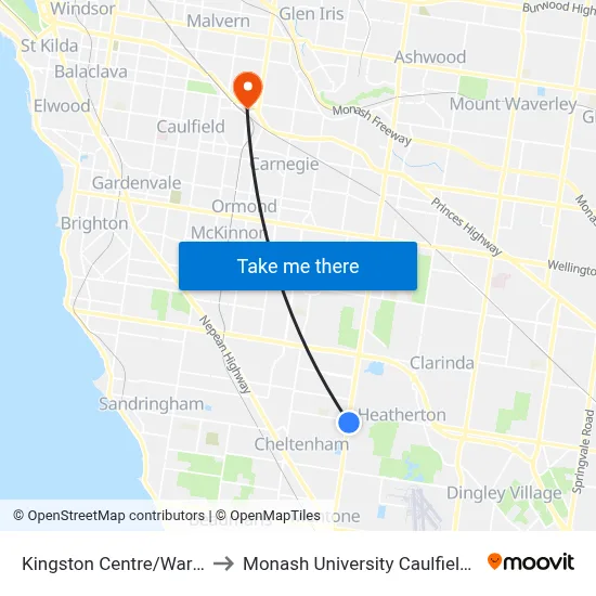 Kingston Centre/Warrigal Rd to Monash University Caulfield Campus map