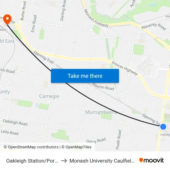 Oakleigh Station/Portman St to Monash University Caulfield Campus map