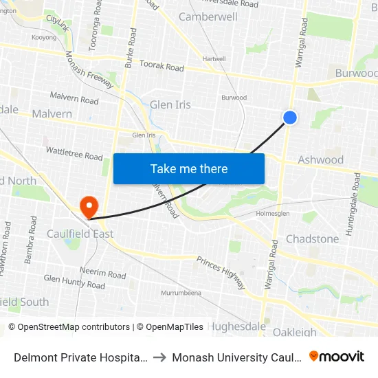 Delmont Private Hospital/Warrigal Rd to Monash University Caulfield Campus map