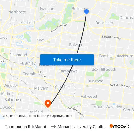 Thompsons Rd/Manningham Rd to Monash University Caulfield Campus map