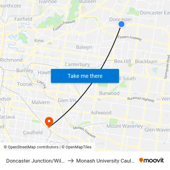 Doncaster Junction/Williamsons Rd to Monash University Caulfield Campus map