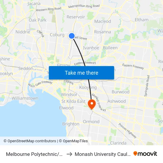 Melbourne Polytechnic/St Georges Rd to Monash University Caulfield Campus map