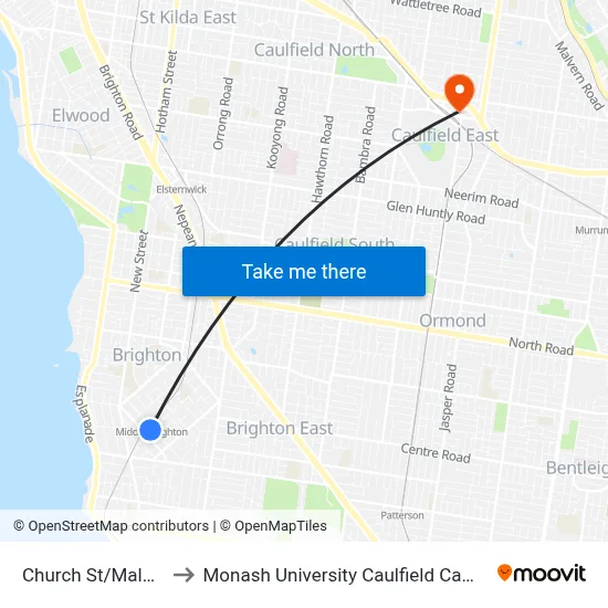 Church St/Male St to Monash University Caulfield Campus map